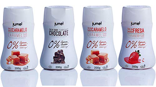 Sirope ESPECIAL FITNESS JUMEL 0% SIN grasas SIN gluten y CON STEVIA. Solo 3 Kcal por ración. Multisabor caramelo, chocolate y fresa. Envase antigoteo. Diet. Fitness.
