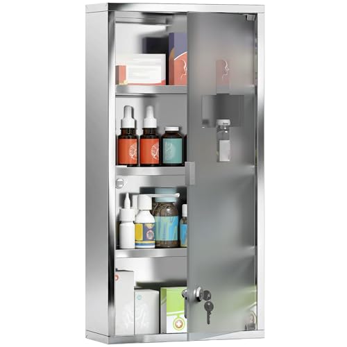 HOMCOM Wall Mounted Medicine Cabinet, Locking Wall Cabinet with 4 Tier Shelves, Stainless Steel Frame and Glass Door, Lockable with 2 Keys, Silver, 12' x 24'