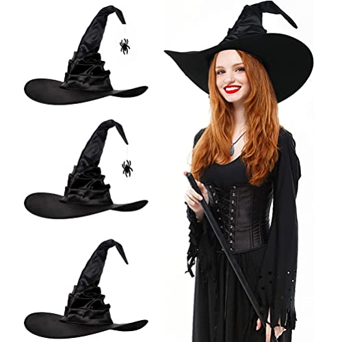 CZSMART Lot de 3 chapeaux de sorcière pour Halloween, raquette d'araignée noire, grands chapeaux froncés pour femme, accessoire de costume pour Halloween, fête cosplay Cover