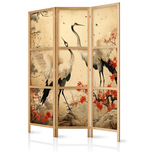 murando - Paravent Intérieur Japonais 135x172 cm - Séparateur de Pièce - Fleurs Végétation Rocheuse Beige Oiseaux Grues Asiatiques De Style Luxuriant...