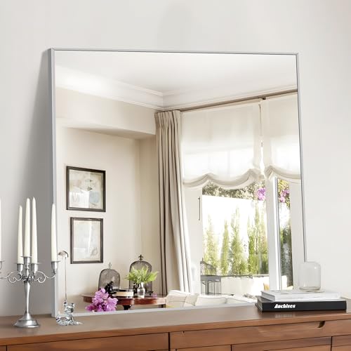 Image of COFENY Silver Bathroom Mirror for Wall, 30x30 Inch Square Mirrors with Metal Frame, Modern Vanity Wall Mirror Decor for Bathroom Sink, Living Room, Entryway Hangs Horizontal or Vertical