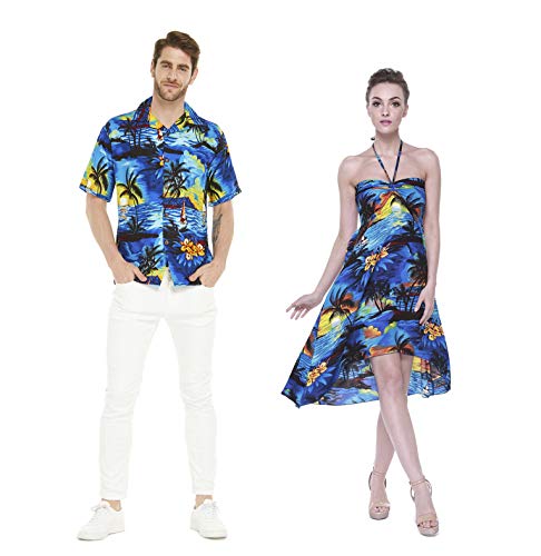 Couple Matching Hawaiian Luau Party Outfit Set Shirt Dress in Sunset Blue