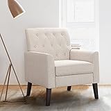 LUE BONA Linen Color Linen Accent Chair 18.5' H, Button Tufted Upholstered Modern Armchair, Comfy Living Room Chair with Arms, Arm Chairs for Living Room, Bedroom, Small Space