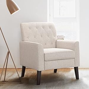 LUE BONA Linen Color Linen Accent Chair 18.5″ H, Button Tufted Upholstered Modern Armchair, Comfy Living Room Chair with Arms, Arm Chairs for Living Room, Bedroom, Small Space