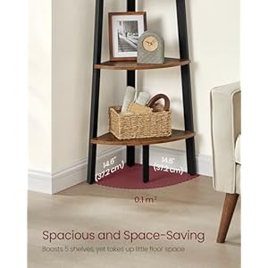 VASAGLE Corner Shelf, 5-Tier Corner Bookshelf, Storage Shelving Unit, Plant Stand for Living Room, Industrial Accent Furniture with Steel Frame, Rustic Brown and Black ULLS35X VASAGLE Corner Shelf 5 Tier Corner Bookshelf Storage Shelving Unit Plant Stand for Living Room Industrial Accent Furniture with Steel Frame Rustic Brown and Black ULLS35X