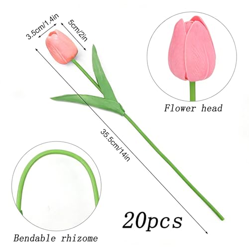 Image of 20Pcs Stems 13.5 Inch Deep Pink PU Artificial Moisturizing Tulips, Faux Tulips Flowers for Thanksgiving Christmas Decorations Wedding Home Table Vase Floral Arrangements