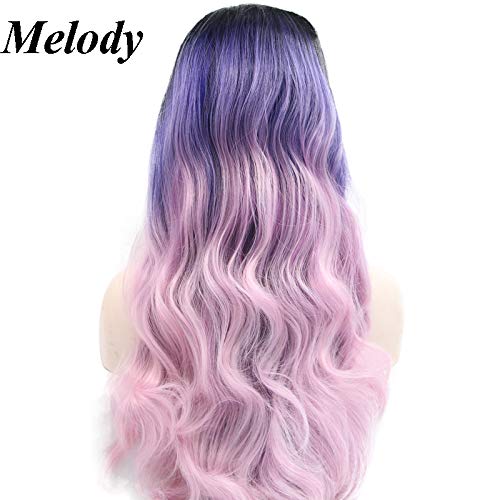Synthetic Lace Front Wigs Purple To Pink 2T Natural Wave With Dark Roots Free Part 180% Density Half Hand Tied Heat Resistant Fiber Hair for Women 24''