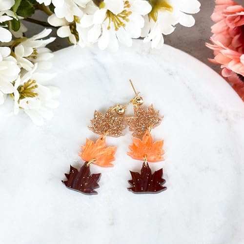 Acrylic Fall Leaf Earrings for Women Autumn Lightweight Fun Colorful Statement Jewelry Boho Shimmery Trendy Gift for Her Handmade by the Painted Pug (Maple Leaf Acrylic Dangle)3