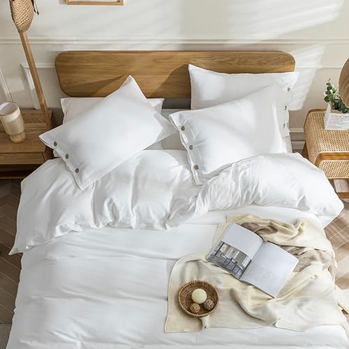 Image of JELLYMONI Cotton Duvet Cover Twin XL Size - Bright White Comforter Cover with Button 100% Washed Cotton 2PCS Breathable Soft Solid Bedding Set Duvet Cover 66x92in & 1 Pillowcase (NO Comforter)