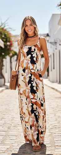 Image of Supnier Women's Summer Maxi Dress Casual V-Neck Sleeveless Bohemian Spaghetti Strap Floral Long Maxi Dress with Pockets