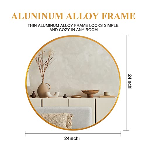 Gold Round Mirror 24 Inch, Round Bathroom Mirror With Brushed Metal Frame Large Circle Wall Mirror For Bedroom, Living Room, Vanity, Entryway Decorative Wall Mirrors (Gold, 24") #TOP6