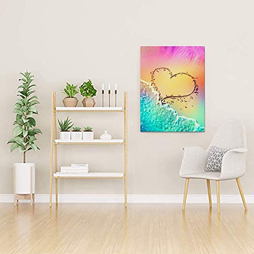 Agcary Multicolor Love Heart Beach Poster Wall Decor Print Paintings Canvas Modern Giclee Abstract Landscape Home Decor Wooden Framed Stretched Print On Canvas Ready To Hang 16" X 12" #TOP3