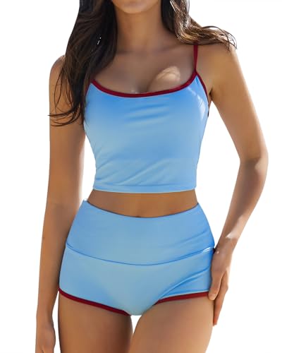 QINSEN Two Piece Swim Suits for Women High Waisted Full Coverage Bikini Sets Spaghetti Strap Top with Boyshort Bottom Light Blue M