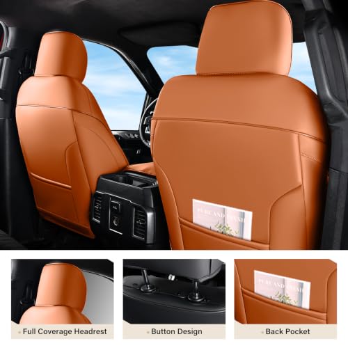 Image of Coverado Premium Leather Full Set Seat Covers Waterproof Heavy-Duty Protectors Custom Fit for Ford F150 (2015-2026) F250 /F350 /F450 (2017-2026)-Orange, Stain-Resistant