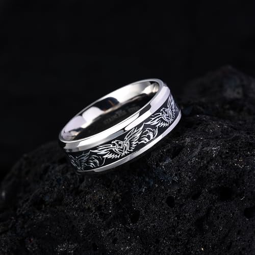 Mens Wedding Band Black Stainless Steel Engagement Ring 8mm Width Eagle Viking Ring Non Tarnish Silver Promise Rings for Him Statement Rings for Men Size 8-124