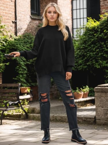 Image of oversized batwing sweaters for women crewneck side slit ribbed knit pullover trendy tops