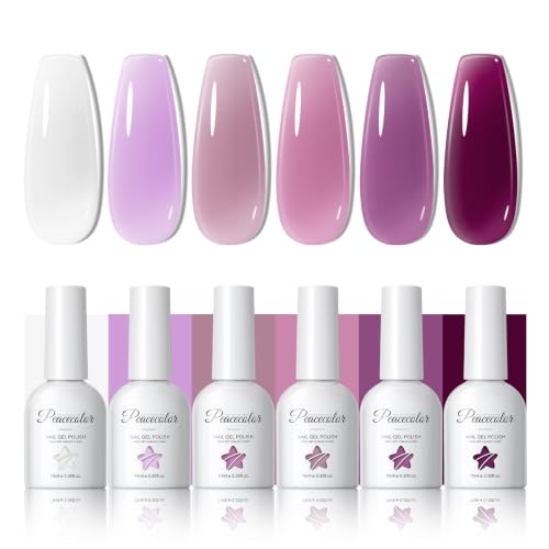 PEACECOLOR Esmaltes Semipermanentes para Uñas, 6 Colores Morado Jelly Gel Nail Polish, Esmalte de Gel Transparente Jelly Nail Polish Set Manicure DIY