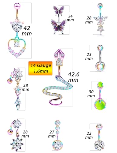 14G Belly Button Ring Stainless steel Dangle Belly rings Snake Glow Dark Round Cubic Zirconia Navel Barbell Body Piercing Jewelry For Women 3/8inch 10mm silver,rose,purple,black men belly ring2