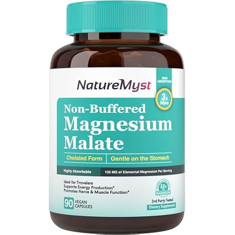 NatureMyst Magnesium Malate, Chelated Form, Highly Absorbable, Non-Buffered, Gentle on Stomach, for Adults & Children, Flexible Dose, Energy Production, Nerve & Muscle Function, 90 Vegan Capsules Cover