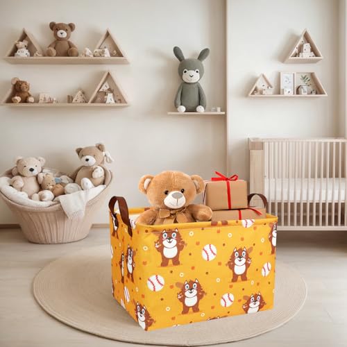 Image of Kid Cute Storage Basket Baby Gift Basket Collapsible Rectangle Canvas Storage Bin for Nursery Playroom Bedroom Decor Organizer (Cartoon Bear Baseball)
