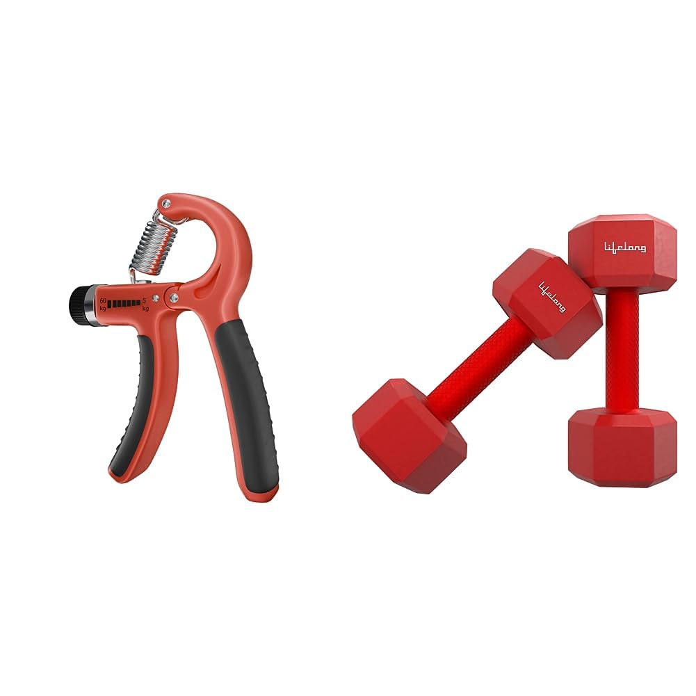 Lifelong Adjustable Hand Grip Strengthener (Red & Black, LLFAHG01) & Lifelong PVC Hex Fixed Dumbbells Pack of 2 (1kg*2) Red Color-image-35