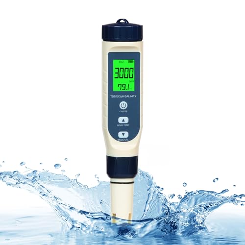 All-New 2025 Pool Salt Tester & pH Meter | Digital 5-in-1 Salinity, pH, Temperature, EC & TDS Meter for Pools, Hot Tubs, Aquariums, Hydroponics, and Drinking Water – High Accuracy & Easy Calibration