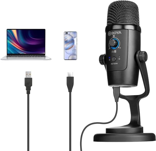 BOYA BY-PM500 - Micrófono de Condensador USB con Soporte de Mesa para Streaming, Podcast, Youtube, Windows Mac PC y Smartphone USB-C