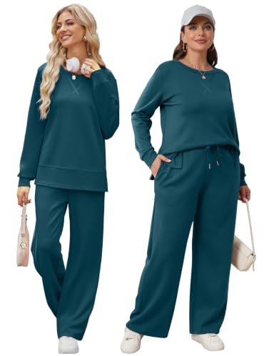 Image of OFEEFAN Women's 2 Piece Lounge Set Travel Airport Outfits Side Slit Tracksuit Wide Leg Loungewear Baggy Comfy Sweatsuit S-3XL