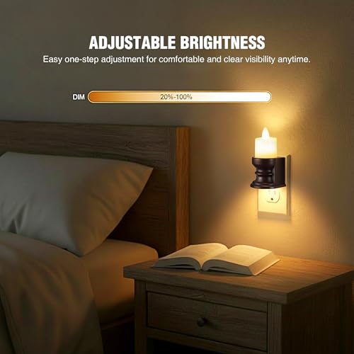 Image of Meonum Flickering Flameless Candle Night Light Plug in, Dimmable LED Nightlight with Dusk to Dawn Sensor, Decorative Candle Light for Bedroom, Hallway, Bathroom (1 Pcs,Warm Yellow & Brown Base)