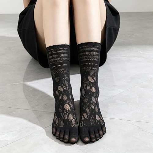 Image of Triplewood 2 Pairs Lace Tabi Socks for Women Split Toe Flip Flop Socks, Y2K Calf Sock Mid Calf Toe Sock