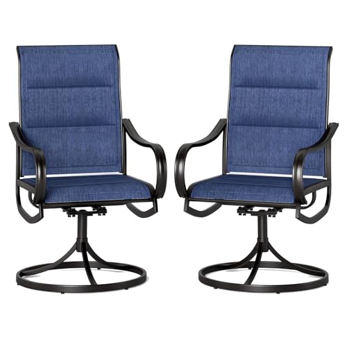 Image of PHI VILLA Swivel Patio Dining Chairs Set of 2, Padded Textilene Mesh, Blue | High back ergonomic backrest with padded seat. All-weather black E-coated metal frame for patio, outdoor, deck, lawn, garden