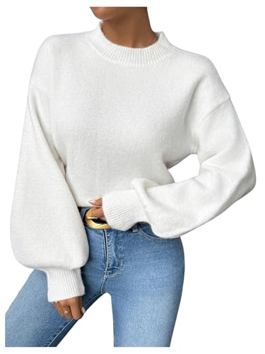 SweatyRocks Women's Mock Neck Pullover Sweater Lantern Long Sleeve Ribbed Knit Sweater3
