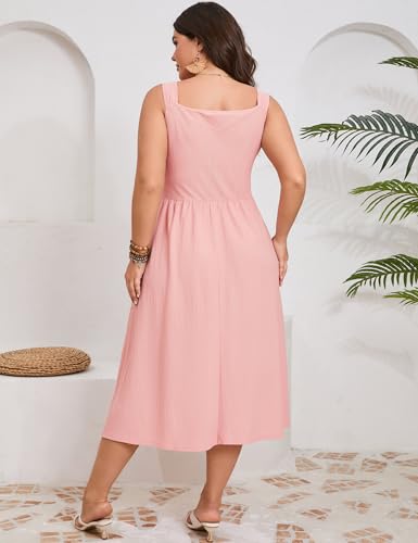 Image of ShopWonder Plus Size Summer Dress for Women Sleeveless Spaghetti Strap V Neck Tie Front A Line Casual Beach Midi Dress