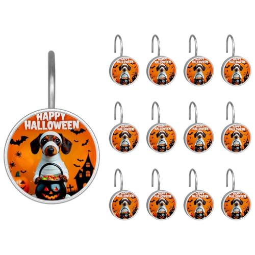12pcs Glass Shower Curtain Hooks, Rust Resistant Decorative Shower Rings for Bathroom Living Room,Stainless Steel Hooks for Shower Curtain and Liner Rods (Halloween Dachshund)