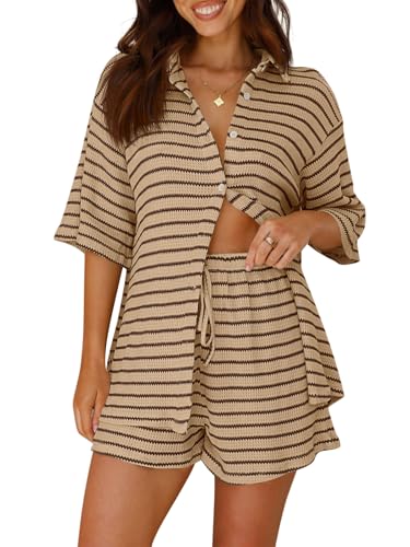 Tankaneo Womens Striped 2 Piece Sets Short Sleeve Button Down Shirt and Shorts Waffle Knit Pajama Lounge Set Summer Outfits