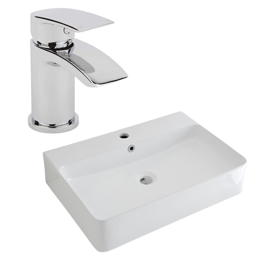 Milano White Farington Rectangular Countertop Bathroom Basin Sink Mono Mixer Tap - 600Mm X 420Mm