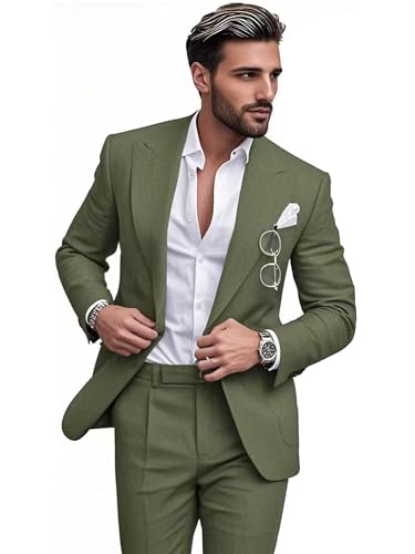 Linen Suits for Men 2 Piece Casual Blazer with Pants for Summer Beach Wedding Groom Set