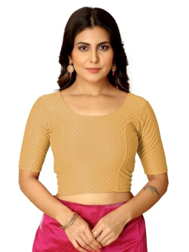 Image of Amazon Brand - Anarva Round Neck Dobby Cotton Lycra Stretchable Elbow Half Sleeve Readymade Saree Blouse for Women Stylish