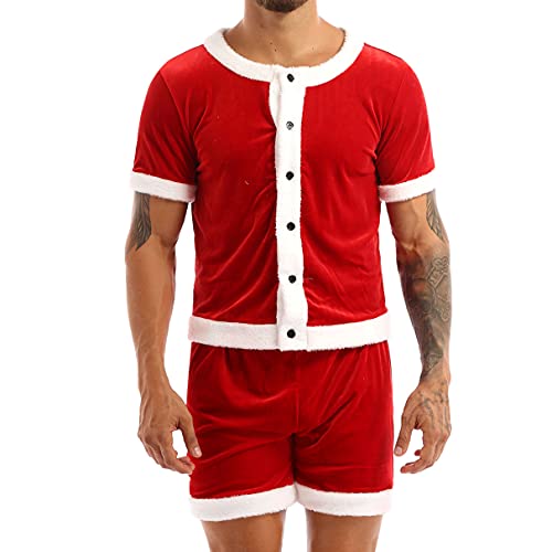 Moily Men's 2Pcs Velvet Christmas Santa Suit Short Sleeves Button Down Tops with Loose Panties