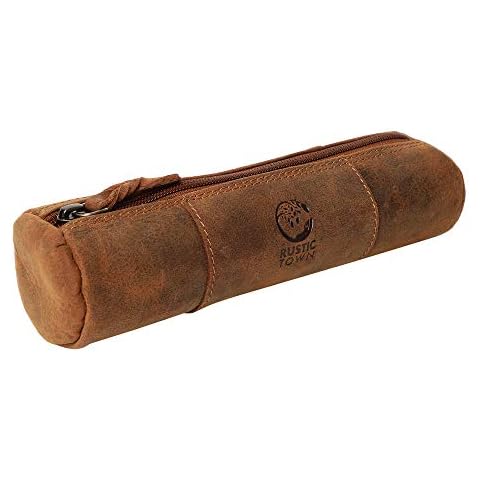 Rustic Town Leather Pencil Case - Handmade Zippered Pen Pouch for School, Work & Office Cover