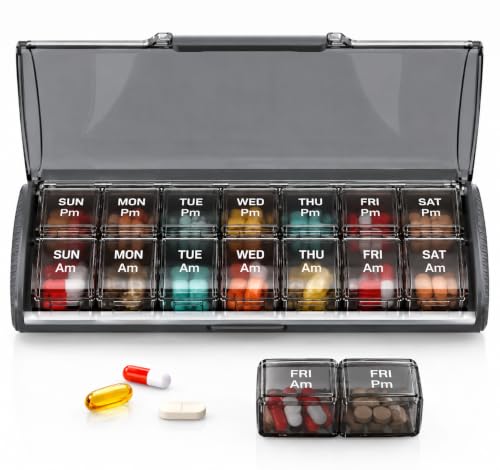 Large Pill Organizer 2 Times a Day，Weekly (7-Day) AM/PM Pill Organizer | 14 Daily Compartments, Flip-Open Lid, Removable Day Pods, Medication Tracker, Compact Travel Case