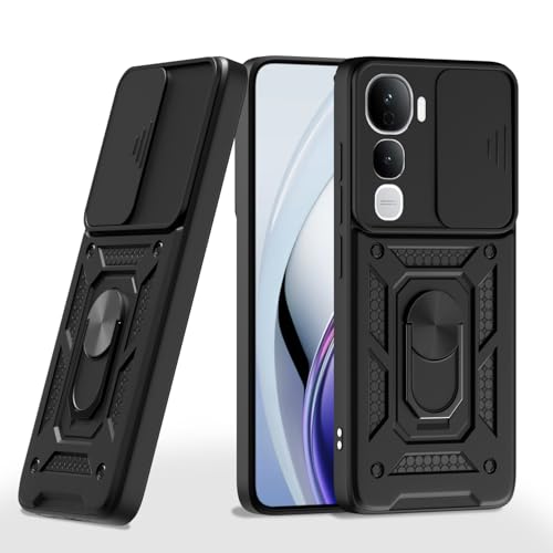 Image of Pikkme Back Cover for Vivo Y400 5G | 360 Protection Case | Sliding Camera Shield Cover & Ring Holder Stand D10 Tough Armor Bumper Case (Black)