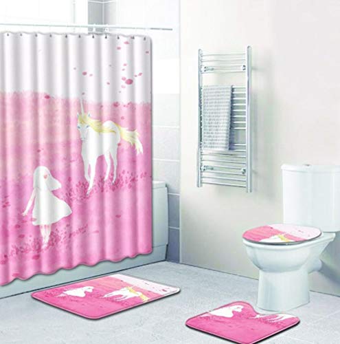 ZDDWLDL 4Pcs Duschvorhänge Set Mit Rutschfesten Teppichen,Toilettendeckel und Badematte Weißes Rosa Blumenfeld Einhorn…