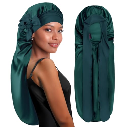 BONNET QUEEN Bonnet Satin Cheveux Nuit Long pour Dormir, Bonnet en Satin pour Cheveux Charlotte Locks Bouclés, Ajustable avec Long Elastique pour Femmes et Hommes, Vert foncé