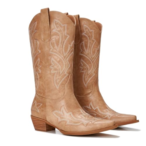 Image of Cowboy Boots for Women - Embroidered Western Cowgirl Boots with Fashion Snip Toe, 1.75-Inch Low Block Heel and All-Day Comfort Fit