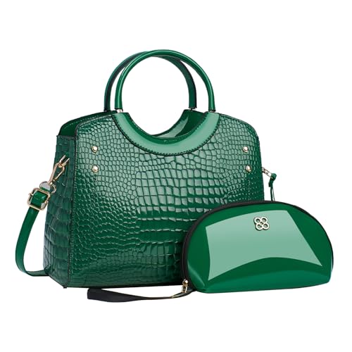 CORIOS Damen PU Leder Handtasche Krokodil-Muster Schultertaschen Wasserdicht Umhängetaschen Große Kapazität Tragetasche Henkeltaschen Retro Tote Beutel Elegant Messenger-Tasche 2pcs Grün