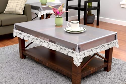 Image of The Furnishing Tree Rectangle Shaped Center Transparent Table Cover WxL 40x60 inches 0.25 mm Thickness with White Lace