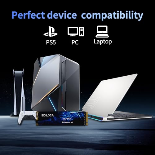 Image of Ediloca 2TB SSD NVMe M.2 2280 PCIe Gen4 x4 Internal Solid State Drive - Up to 4800MB /s, 2TB SSD PS5 Dynamic SLC Cache, PS5 Compatible for Gaming PC Laptop(EN705)