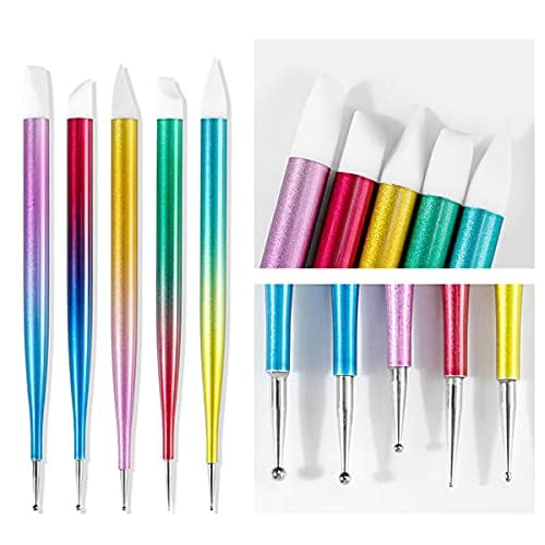 Kreni 5pcs rainbow color silicone nail painting brush set with pusher nail art-image-38