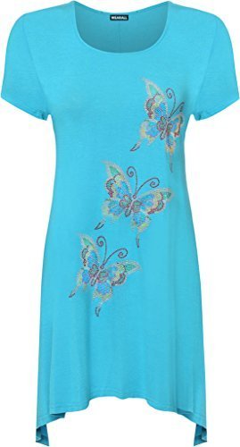 H&F Girls Girls Turquoise H&F Women Ladies Butterfly Print Plain Stretchy Asymmetric Cap Sleeve Scoop Neck Hanky Hem Flared Sequin Studded Swing Tunic T Shirt Top Plus Size 12 14 16 18 20 22 24 26 28 30 Xl Xxl Xxxl Xxxxl